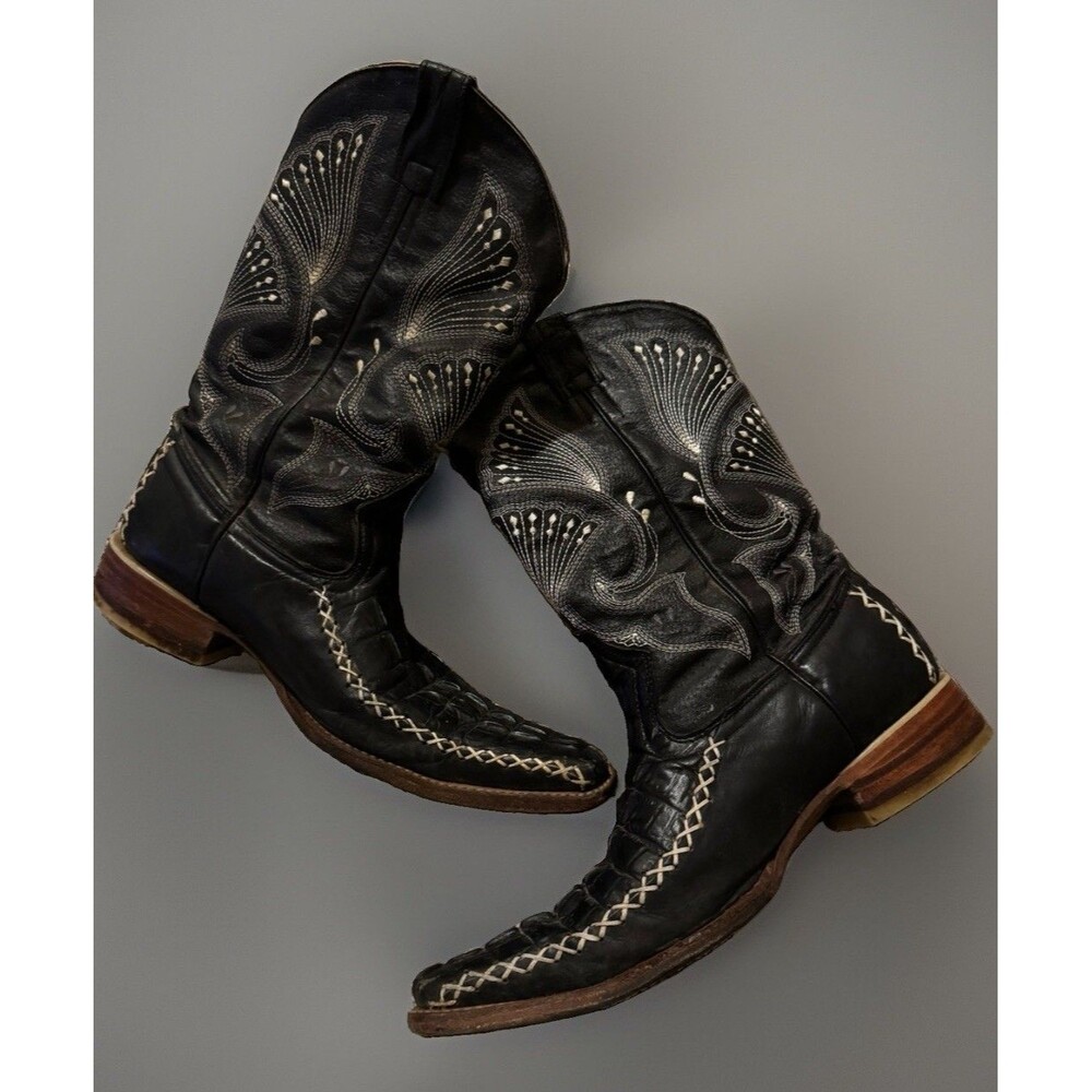 Old Corral Black Caiman Belly Leather Long Pointed Snip Toe Boot M8.5 Mex 26.5